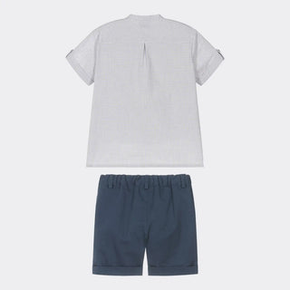 Cotton Shirt & Classic Shorts Set in Plaid and Navy Blue