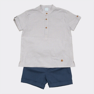 Cotton Shirt & Classic Shorts Set in Plaid and Navy Blue