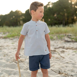 Cotton Shirt & Classic Shorts Set in Plaid and Navy Blue