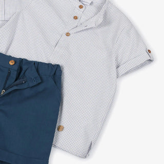 Cotton Shirt & Classic Shorts Set in Plaid and Navy Blue