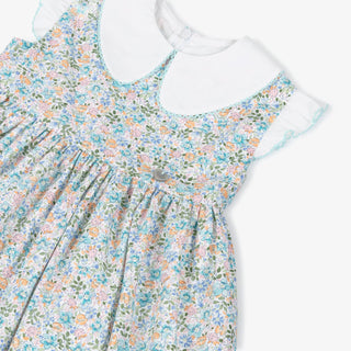Cotton Dress with Scallop Crochet Trim on Collar and Sleeves in Floral Print