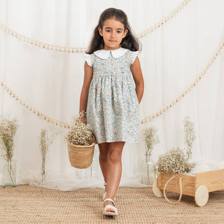 Cotton Dress with Scallop Crochet Trim on Collar and Sleeves in Floral Print