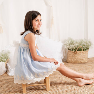 Dress with Elaborate White Lace Embroidery in Powder Blue