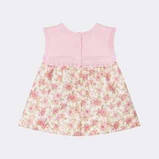 Knitted & Cotton Baby Dress in Soft Pink & Floral Pattern