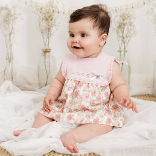 Knitted & Cotton Baby Dress in Soft Pink & Floral Pattern